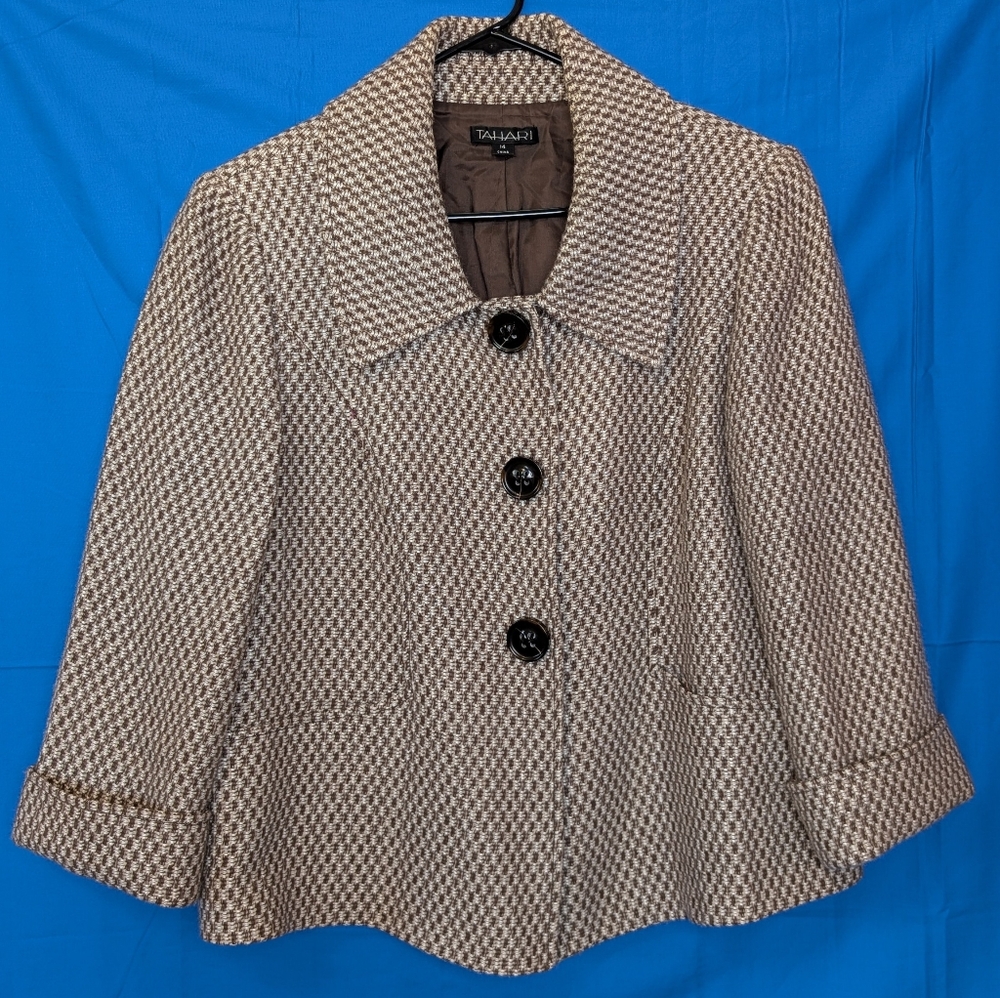 Tahari Plus Size 14 Tweed Brown Houndstooth Short Jacket Snap Closure Lined EUC